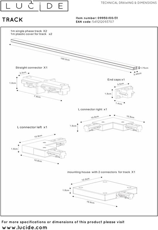 Lucide TRACK Starterset - 1-fase Railsysteem / Railverlichting - 2 meter - Wit