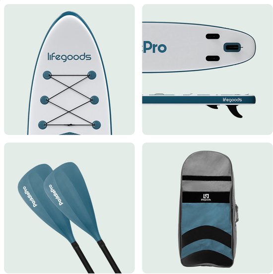 LifeGoods PaddlePro SUP Board - met Zitje - Opblaasbaar Paddle Board - Complete Set - Max. 135KG - 320x81cm - Wit/Deep Aqua
