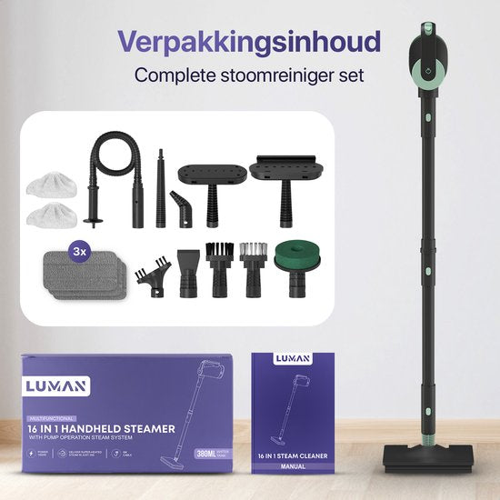 LUMAN 16 in 1 Stoomreiniger Én Handstoomreiniger V3 - Tapijtreiniger - Vlekkenreiniger - Vloerreiniger - Met 16 Opzetstukken en 3 Microvezeldoeken - Groen