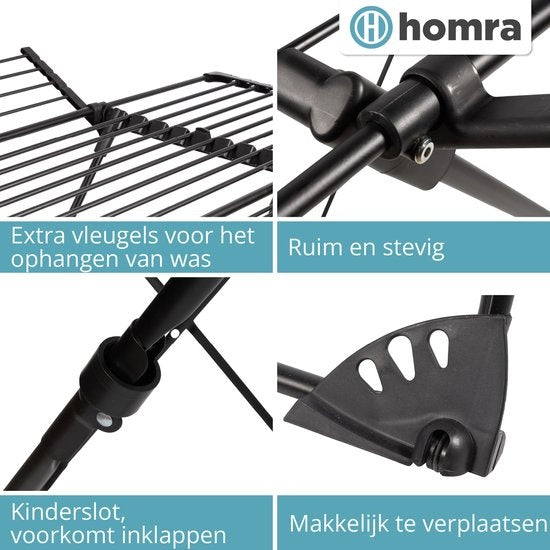 Homra Wasrek Inklapbaar - Tot 22m Was - Staand Droogrek Inklapbaar - Ruimtebesparend Wasrek - Droogrekken - Ecologisch Was Drogen - 182x97x103 CM - Metaal Zwart - Geschikt voor Grote Gezinnen