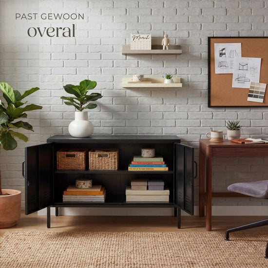 tectake® Stalen Dressoir - TV Meubel - 100 x 42,5 x 65 cm - Commode - Verstelbare Planken - 2 Deuren met Magneetsluiting - Lowboard - Metalen Kast - Zwart