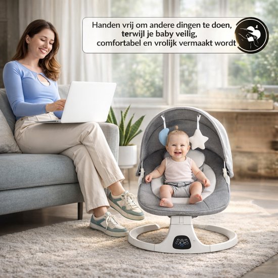 Oemmie Elektrische wipstoel - Baby swing - Schommelstoel baby - Baby wipstoel - Inclusief bluetoothfunctie en afstandsbediening - 5 Schommelstanden - Grijs
