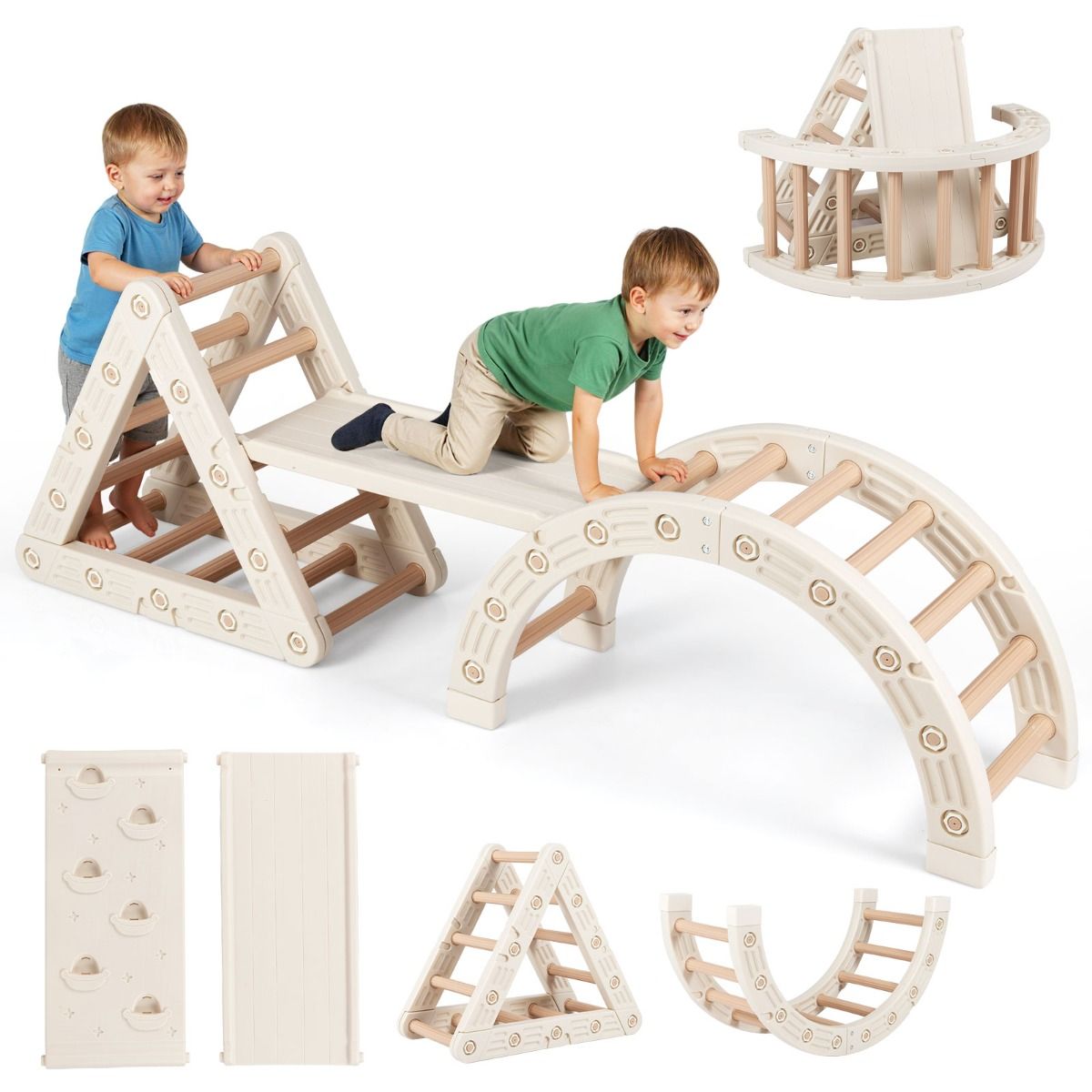 Coast Montessori klimset voor kinderen - 5-in-1 houten klimrek met boog en dubbelzijdige ladder - beige en koffie