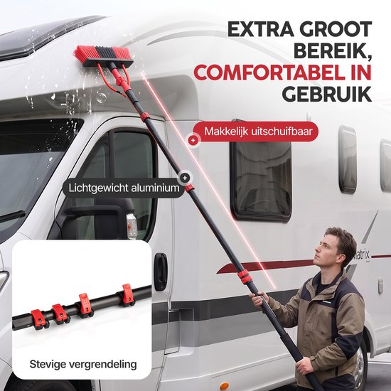 Infinity Goods Telescopische Wasborstel 7,5m - Ramenwasser - Raamtrekker - Zeepdispenser - Waterdoorvoer - Zwart/Rood