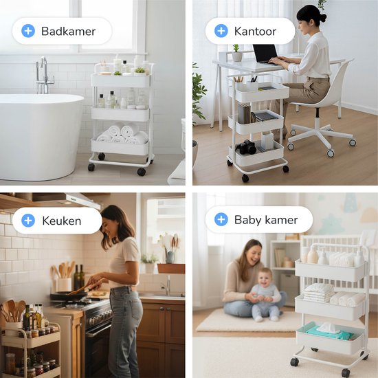 Keuken trolley op Wieltjes - 3 laags - Keukenrek - Serveerwagen - Kastje - Karretje - Opberg - Douche kastjes staand - Rekje - Wit - Luft