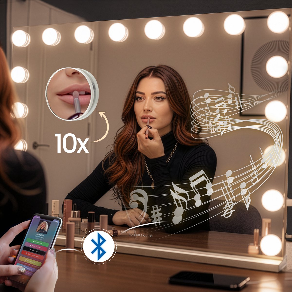 Sansbeauté® Hollywood Spiegel 80x60 cm - Make-up Spiegel - 18 LED Lampen - 10x Vergroting - Dimbaar - USB Oplaadpoort - Touch Control - Bluetooth - Multi