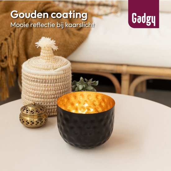 Gadgy Waxinelichthouder Rond - Theelichthouders - Decoratie Woonkamer - Sfeerverlichting Binnen - Kaarsenhouders voor Waxinelichten 14x15 cm - Windlicht Metaal - Zwart/Goud - Cadeau voor Vrouw