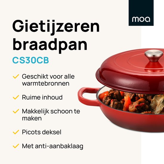 MOA Gietijzeren Braadpan - Braadpan inductie - Gietijzeren pan - 3,5L inhoud - Ø 30 cm - Alle warmtebronnen - Gewicht 5,6 kg - Emaille - Kersenrood