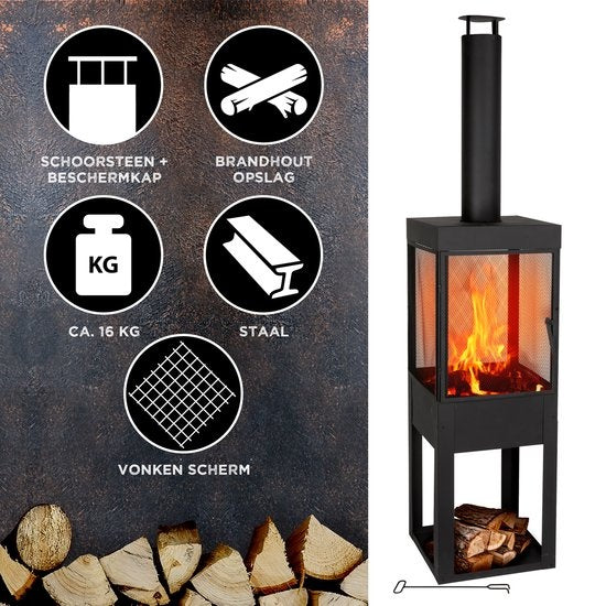 BBQ Collection Tuinhaard met Schoorsteen - Houtopslag - 194 x 44 x 47 cm - Carbon Staal - Zwart