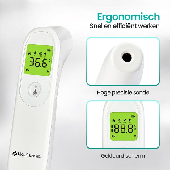 MostEssential Digitale Voorhoofd Thermometer - Temperatuurmeter - Koortsthermometer voor Volwassenen, Kinderen en Baby's - Contactloos - HW05