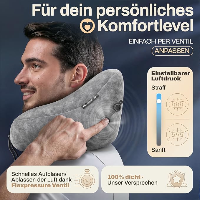 HELDENWERK Premium Reiskussen met Capuchon – Opblaasbaar Nek- en Hoofdkussen – 5 Slaapposities – Inclusief Oordopjes & Opbergtas