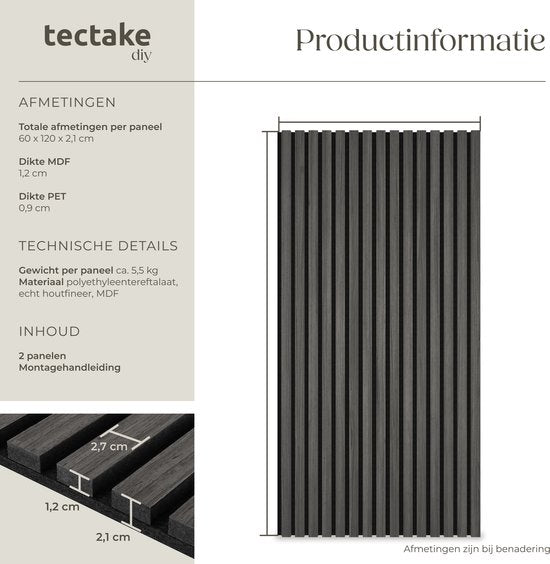 tectake® Akoestische Panelen - Set van 2 - Akoestisch Wandpaneel - 60 x 120 cm - 1,44 m² - Wandpanelen met Aanpasbare Grootte - Lattenwand van MDF en Houtfineer - Geluidsisolatie - Stijlvolle Wanddecoratie - Eenvoudige Montage - Zwart Eiken