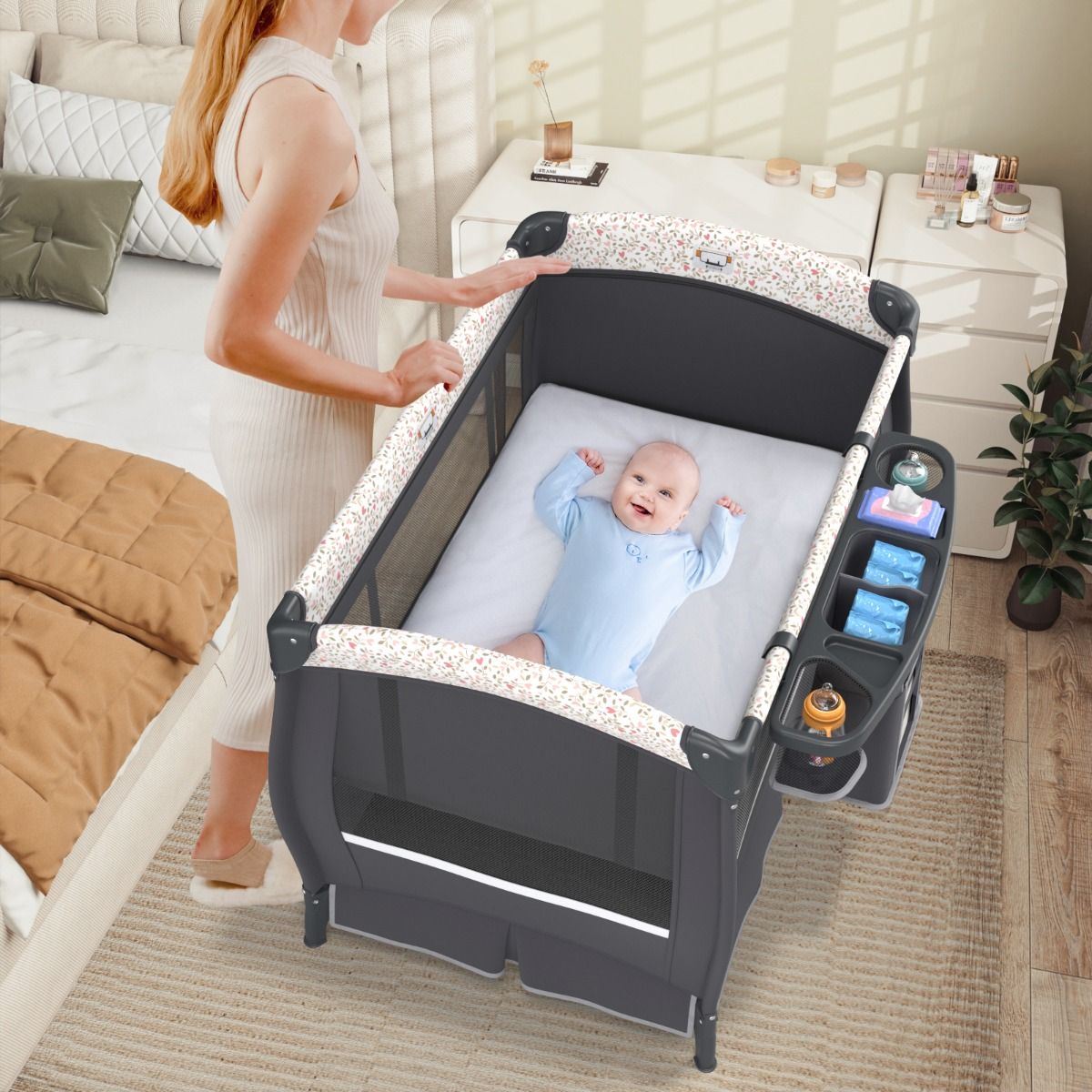Coast 4-in-1 draagbaar babybedje - met luiertafel en muziekdoos - verstelbaar dak - grijs 102 x 72 x 82 cm
