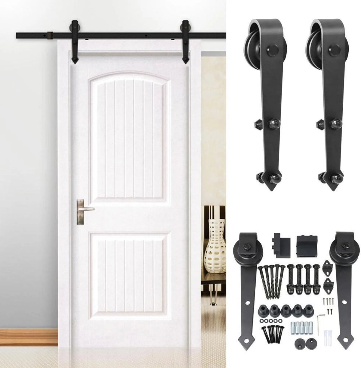 Yaheetech Schuifdeurbeslag Set 183 cm – Voorzien Van Koolstofstalen Rollen En Deurstoppers En Vloergeleider – Voor Houten En Metalen Deuren – Zwart IJzer – 183 x 23 x 5,5 cm