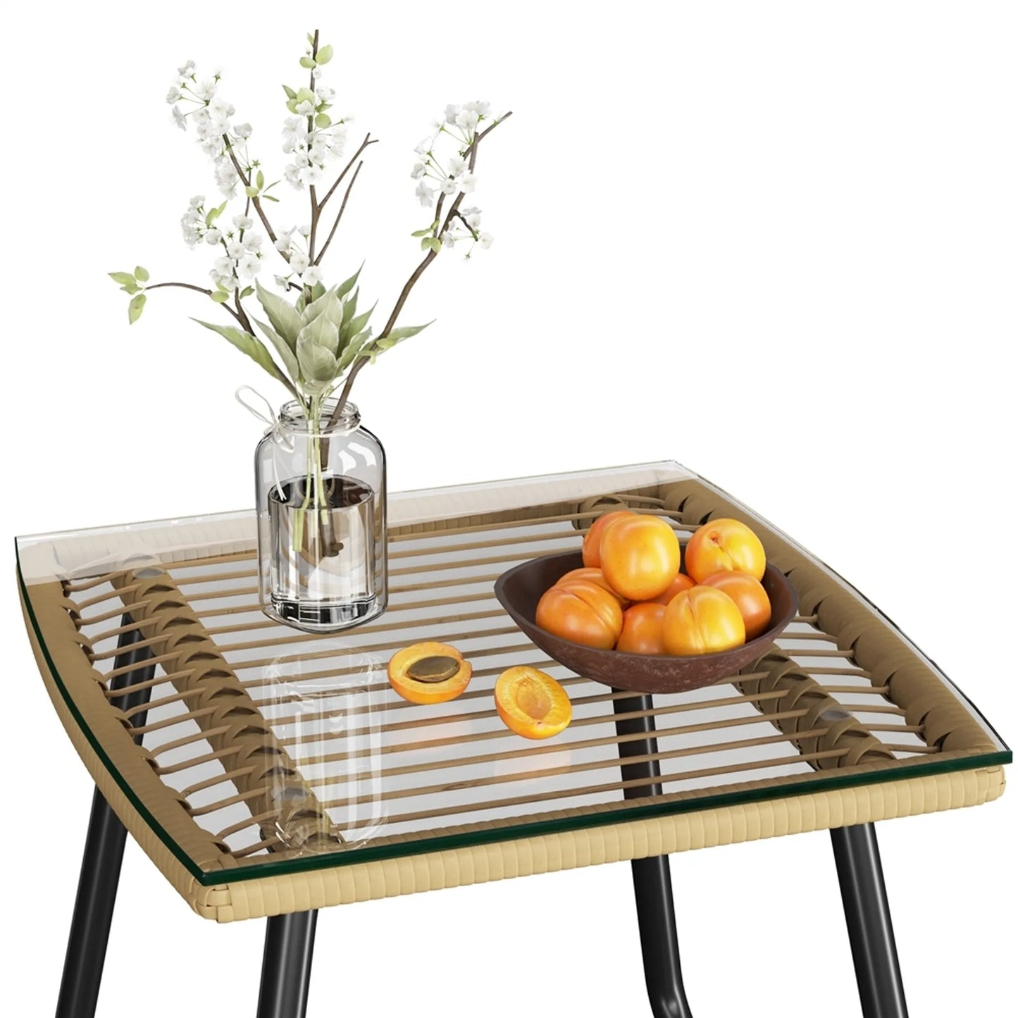 Yaheetech Bistroset Tuinset 3-Delig – 61 x 65 x 76 cm – Voorzien Van Handgeweven PE-Rattan En Glazen Tafelblad En Inclusief Zit- En Sierkussens – Voor Balkon En Terras – Lichtbruin En Metaal
