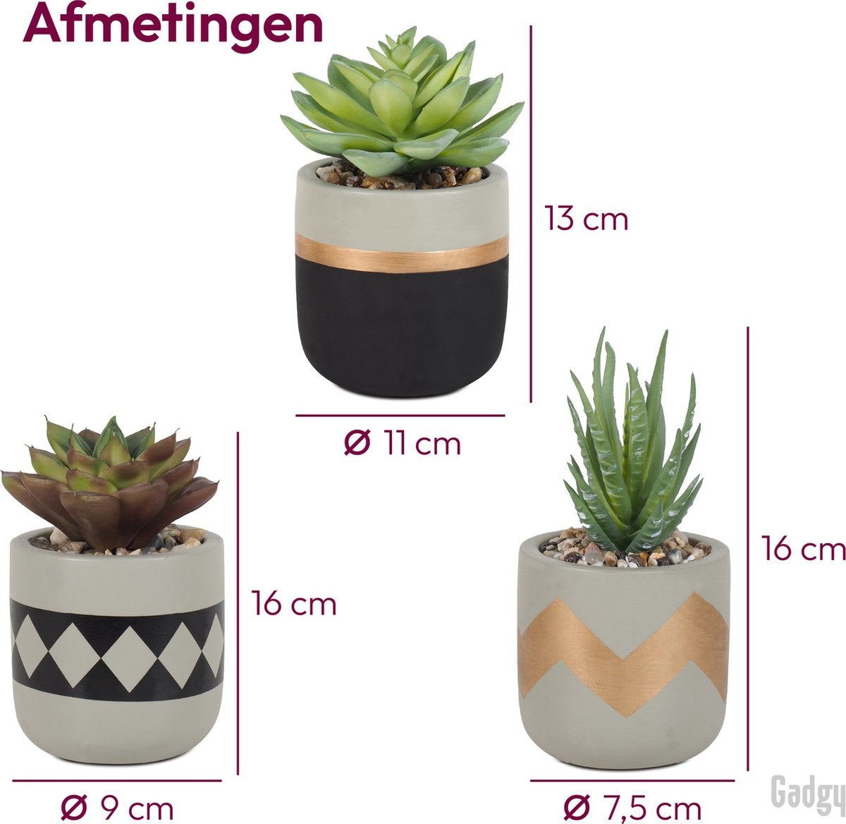 Gadgy Kunstplanten voor Binnen - 3 stuks - Kunst Vetplantjes in Stenen Pot - Nepplant - 13 tot 16 cm