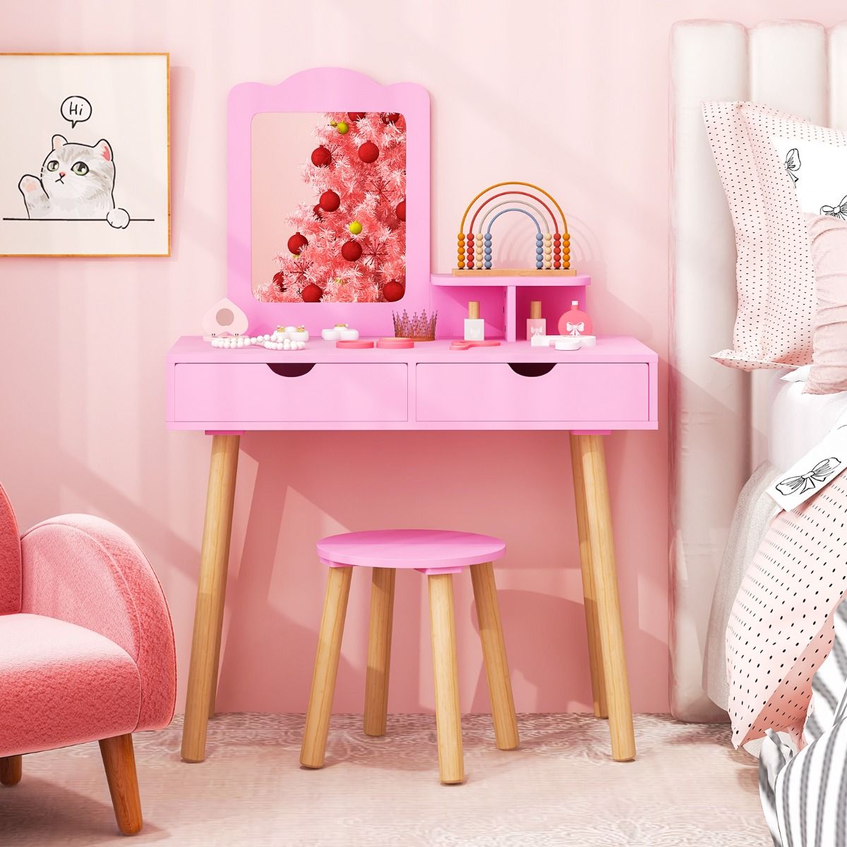 Coast Kaptafel voor kinderen - 2-in-1 met afneembare spiegel - twee lades en houten krukje - roze