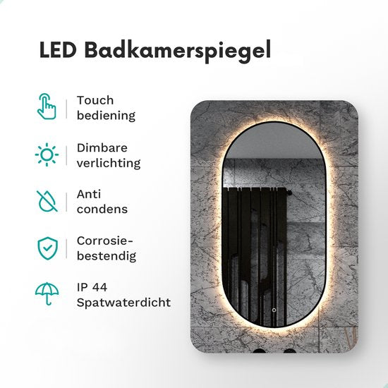 Mirlux Badkamerspiegel - LED Verlichting - Verwarming – Wandspiegel Ovaal – Zwart Frame - 120x60CM