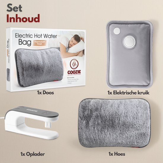 Coozie Elektrische Kruik – 1L – met ThermoSoft Hoes van Fluffy Stof – Verwarmende Zachte Warmwaterkruik – Warmtekruik – Grijs
