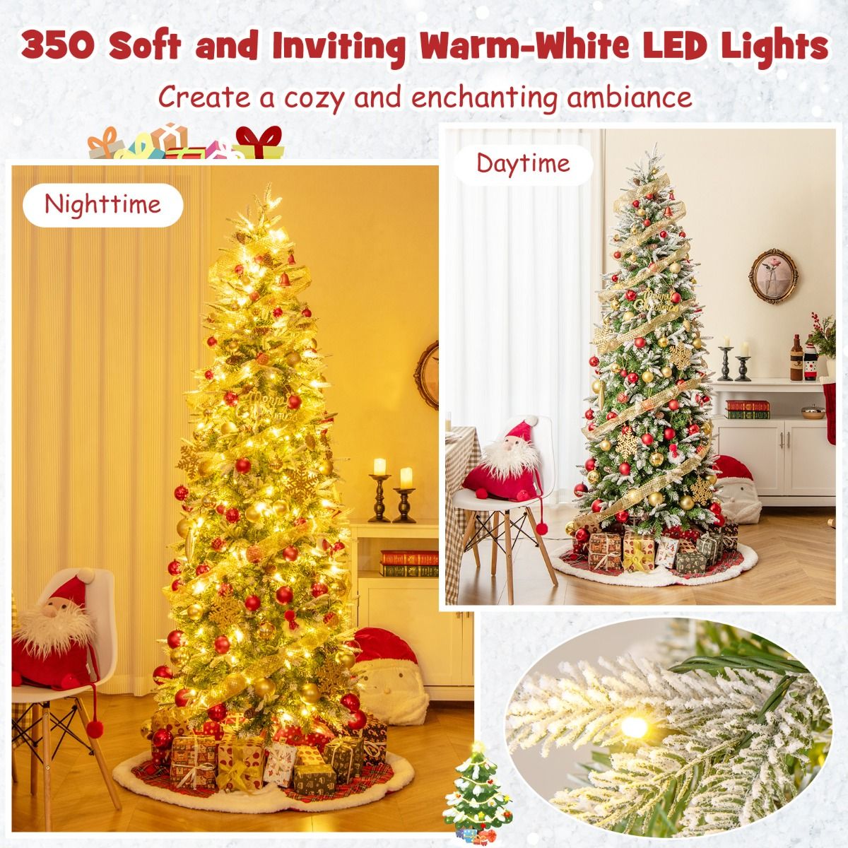 Coast Kunstkerstboom 225 cm Groen/Wit – Voorverlicht met Warmwitte LED – Scharnierconstructie – 913 Takken – Met Sneeuw en Dennenappels