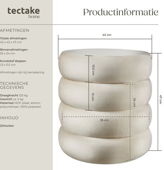 tectake® Kruk met opbergruimte - Scandi kruk fluweelstof - Ronde gestoffeerde poef voor kaptafel, slaapkamer, woonkamer of als halmeubel - Opbergkruk - creme