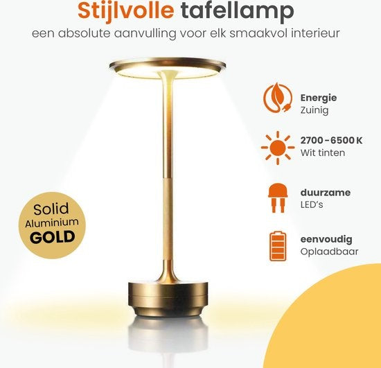 Goliving Tafellamp Oplaadbaar – Draadloos en dimbaar – Moderne touch lamp – Nachtlamp Slaapkamer – Spatwaterbestendig – 27 cm – Goud