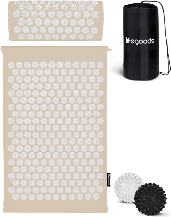 LifeGoods Acupressuur Mat met Kussen - Shakti mat - Spijkermat Incl. 2x Triggerpoint Bal - 66x40x2cm - Beige/Wit