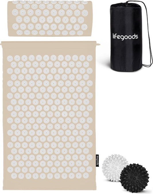 LifeGoods Acupressuur Mat met Kussen - Shakti mat - Spijkermat Incl. 2x Triggerpoint Bal - 66x40x2cm - Beige/Wit