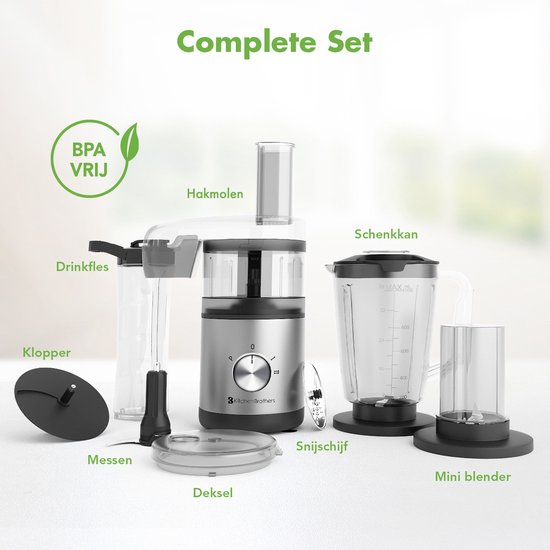 KitchenBrothers Foodprocessor - 5 in 1 Multifunctioneel Model - Hakmolen - Groentesnijder - BPA Vrij - 0,5L - Keukenmachine - Uiensnijder - Zwart