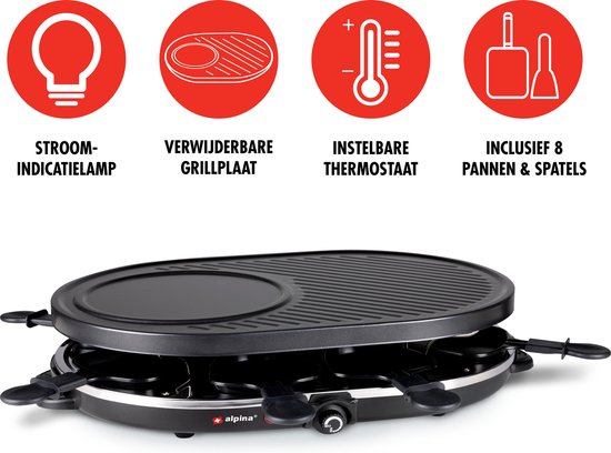 alpina Gourmetstel 8 Personen - Gourmetset - Bakplaat met Pannetjes en Spatels - Raclette Grill voor Gourmetten - 1200W