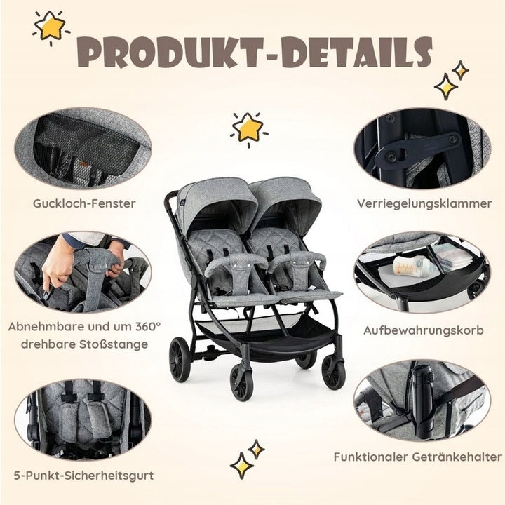 Coast Dubbele kinderwagen - Max 15 kg per stoel - 0-3 Jaar - Grijs