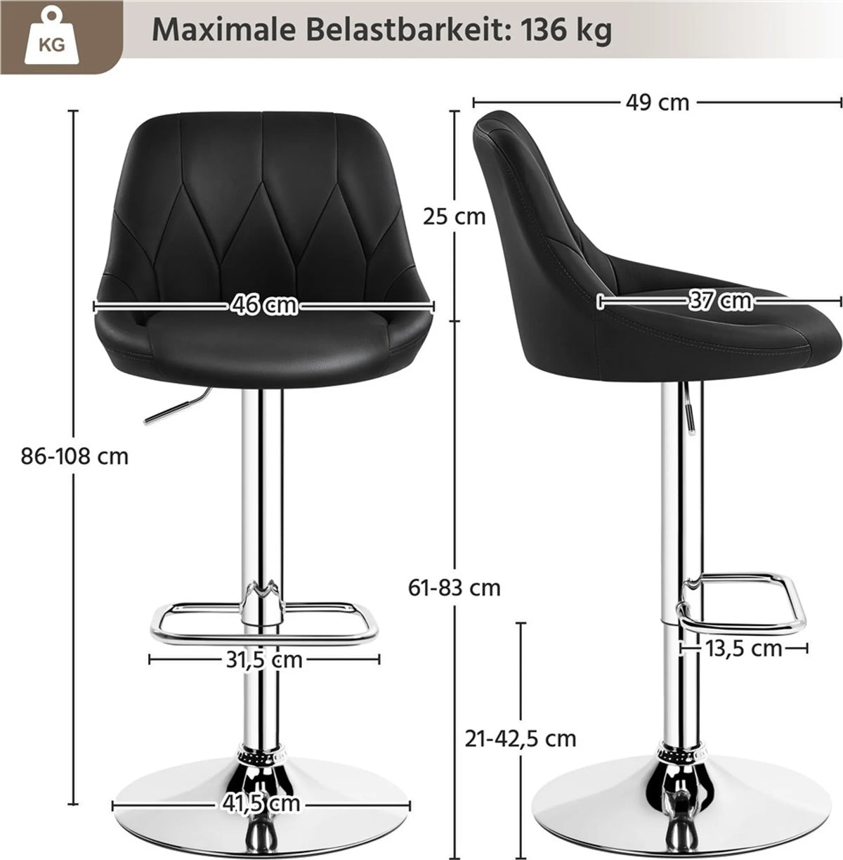 Yaheetech Set van 2 Verstelbare Barstoelen met Rugleuning 86-107,5 cm – Strak Zwart – Kunstleder en Metaal