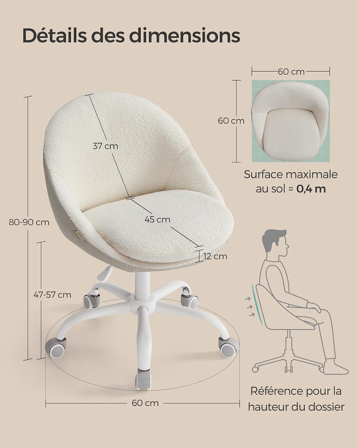 SONGMICS Draaibare Bureaustoel – 360° – In Hoogte Verstelbaar – Zachte Bekleding