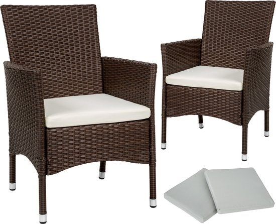 tectake® - Set van 2 wicker tuinstoelen - incl. 2 sets kussenhoezen (beige en grijs) - bruin - 404550 - poly-rattan