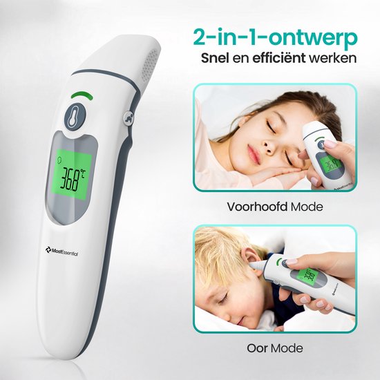 MostEssential 2-in-1 Digitale Koortsthermometer - Oorthermometer – Thermometer Voorhoofd & Lichaam - Koortsthermometer voor Volwassenen, Kinderen en Baby's - Contactloos - IR30