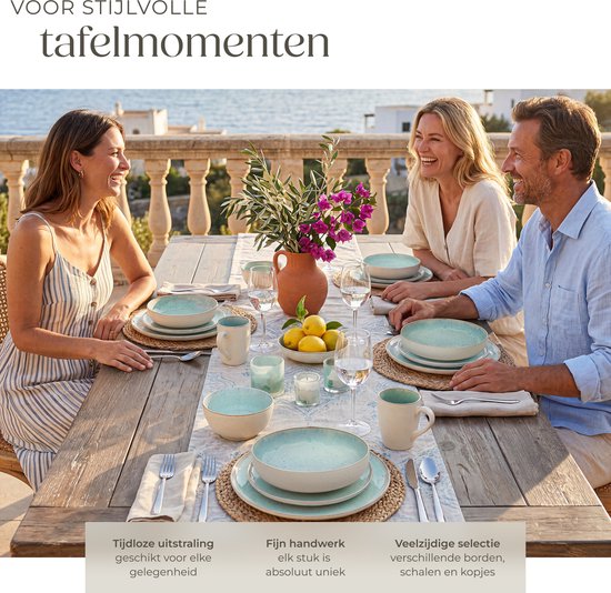 tectake® Serviesset Mare - 30-delig - Aardewerk met Glanzend Glazuur - 6 Persoons - Handgemaakt Servies - Moderne Bordenset met Grote en Kleine Borden, Kommen, Schaaltjes en Kopjes - Vaatwasser- en Magnetronbestendig - Munt
