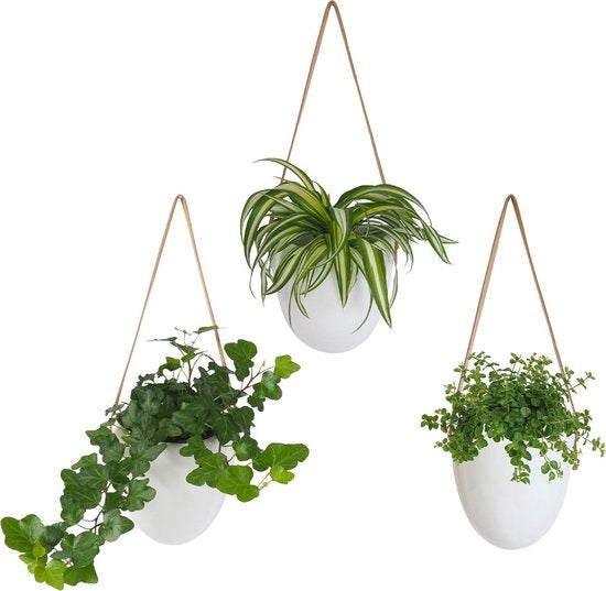 Gadgy Plantenhanger Keramiek – Set van 3 – Wit Steen- Hangpot – Hangende Bloempot Plantenpot - met 3 verschillende Koorden – 12 x 11 x 9.5 cm