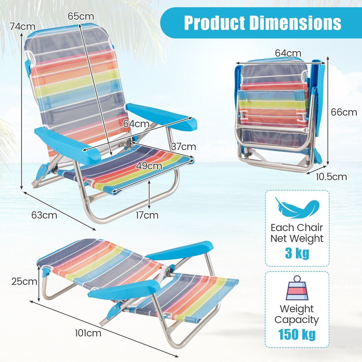 Coast Opvouwbare Strandstoelen Set van 2 - Verstelbare Rugleuning - Lichtgewicht Campingstoelen - 64 x 63 x 74 cm