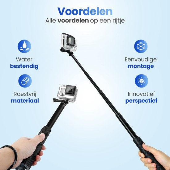 Garpex® Universele Selfiestick XL - Uitschuifbaar tot 95cm - Selfiestick - Geschikt voor diverse Actioncamera's - Selfiesticks - Waterproof - Zwart