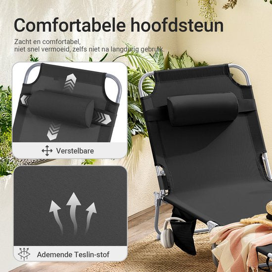 SoBuy Opvouwbare Ligstoel, Verstelbare Tuinligstoel met Hoofdsteun en Opbergzak, Ergonomische Relaxstoel voor Buiten,Tuin, Balkon en Terras, Zwart, OGS35-SCH