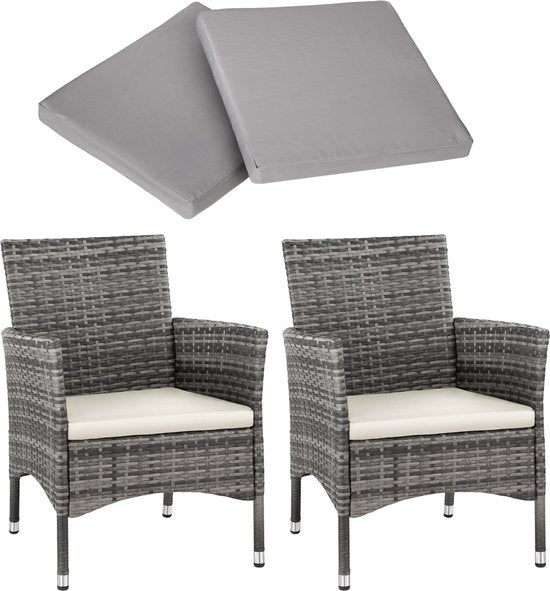 Tectake Wicker Tuinstoelen – 2 Stuks, Incl. 4 Kussenhoezen, Draagvermogen 120 kg – 59 x 57 x 85 cm – Grijs