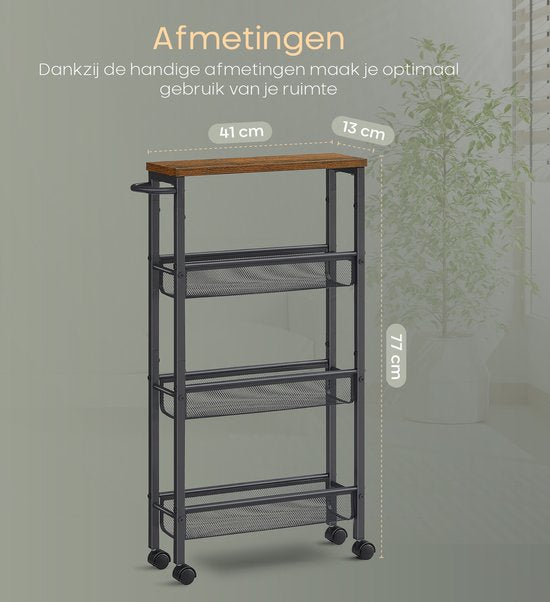 O'DADDY® Keukentrolley - Smalle Rolwagen - Keukeneiland - Serveerwagen - Keukentrolley Op Wieltjes - Keuken Trolley - Industrieel Design - Bruin Hout - Zwart Metaal