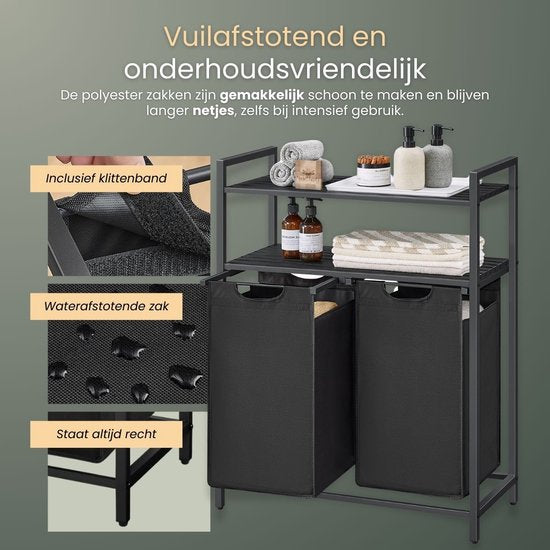O'DADDY® Wasmand met 2 Vakken & 2 Planken - 76 Liter - Wassorteerder Uitschuifbaar - Was Organizer - Laundry Basket - Wasbox - Wasmanden - Dubbele Wasmand - Zwart/Bruin