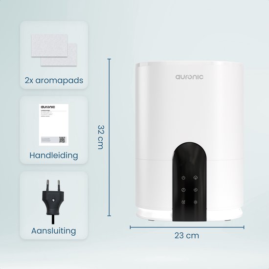 Auronic Luchtbevochtiger - 4 Liter - 40m2 - Geschikt voor Woonkamer, Kantoor, Slaapkamer, Babykamer en Meer - Met Aromatherapie - BPA-Vrij - Wit