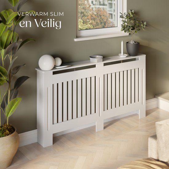 tectake® Radiatorombouw - Radiatorafdekking - Radiatorpaneel - Radiatoromkasting - Verwarmingsombouw - Lamellenontwerp, met plank - Div. afmetingen - 152,5x19x82cm - wit