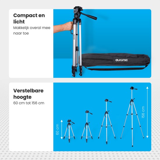 Auronic Statief - Camera - Telefoon - Iphone - Tripod met Smartphonehouder - Zilvergrijs