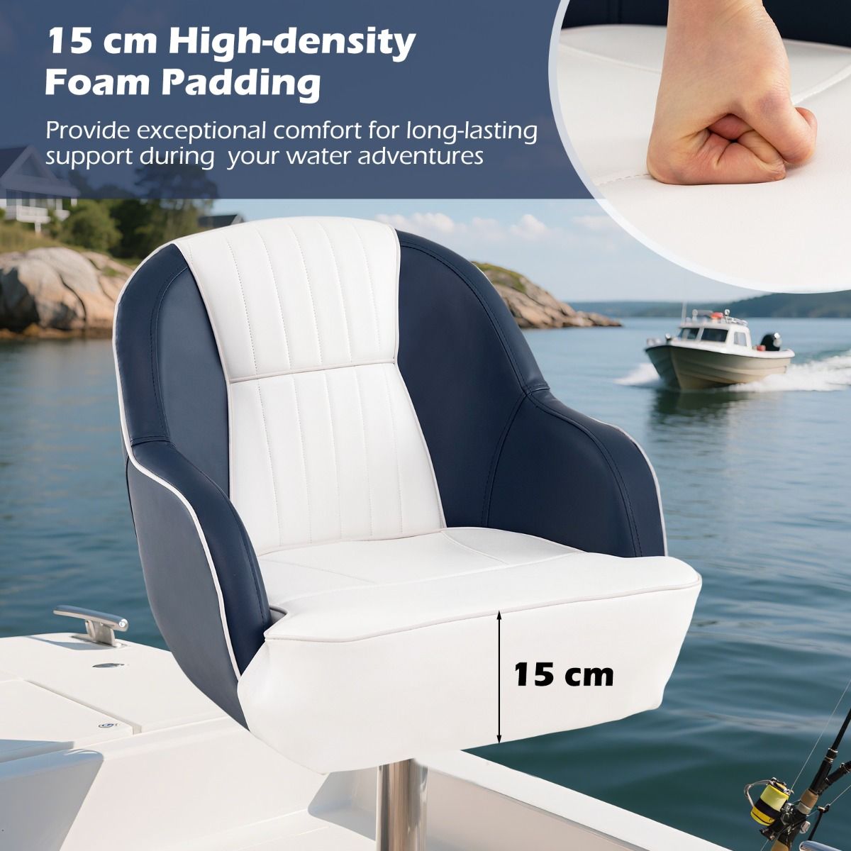 Coast Kapiteinsstoel voor boot - dikke schuimvulling - waterdicht PVC-leer - blauw en wit