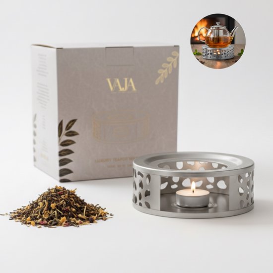 Vaja® Warmhoudplaat met Waxinelichtje voor Theepot - Warmhouder met Kaars - Theelichthouder - Thee Warmer Theelicht - Tea Maker - Verwarmer - Zilver