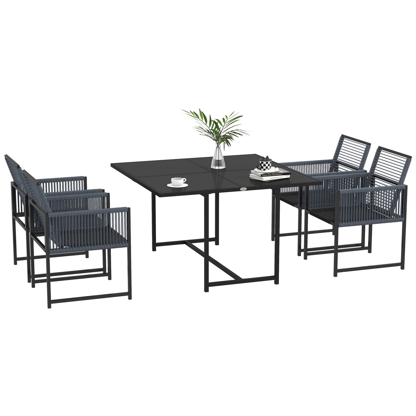 Outsunny 5-delige Tuinmeubelset voor 4 Personen - Tafel 120 x 120 x 72 cm - 4 Opvouwbare Stoelen - Gehard Glas - Donkergrijs