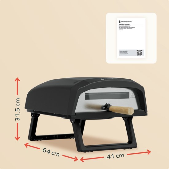 KitchenBrothers Pizza Oven - Elektrisch - Tafelmodel - PFAS-vrij - Inklapbaar - Pizzasteen - Pizza maker - Pizzaoven voor Buiten en Binnen - Zwart/Grijs